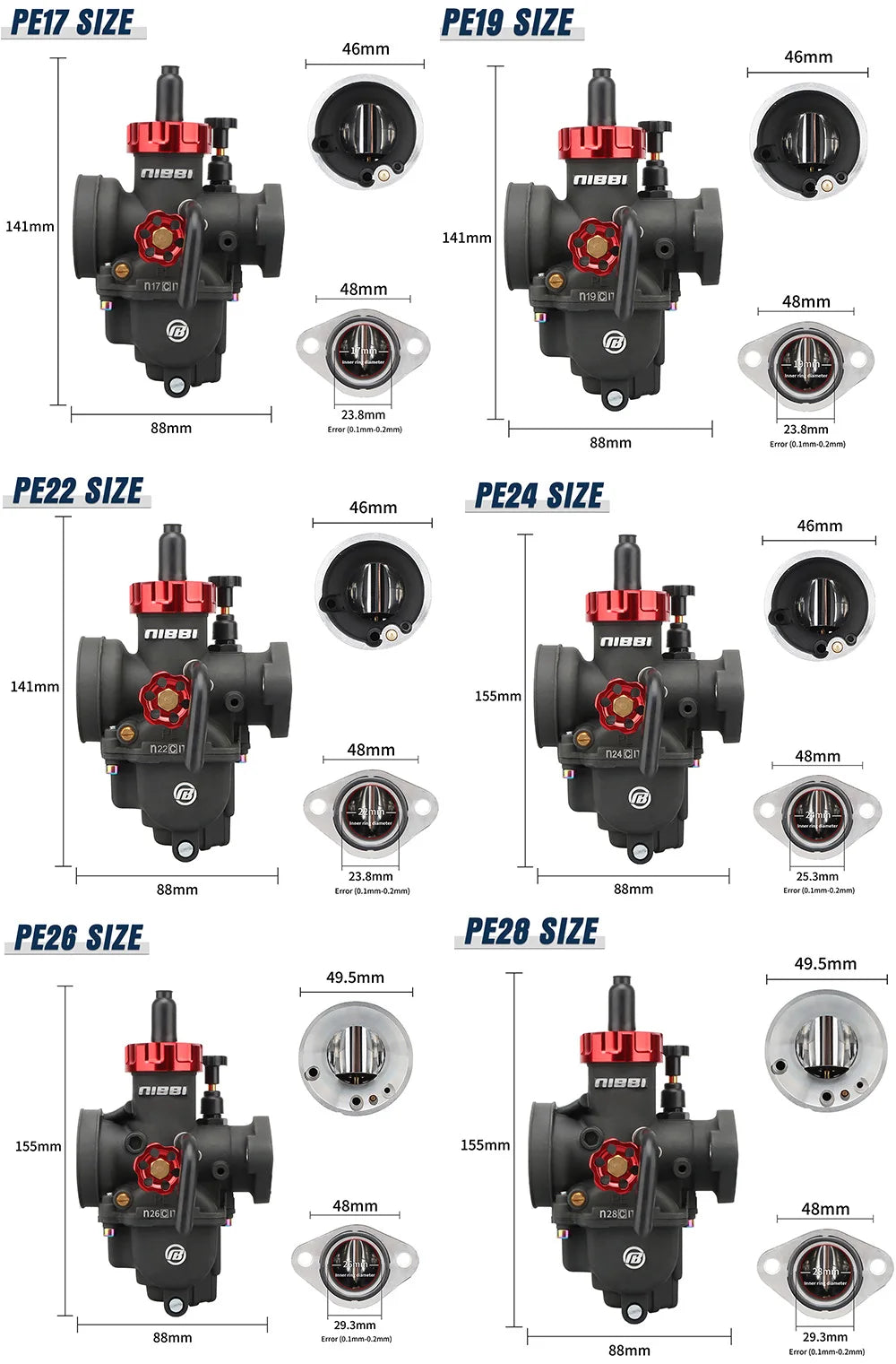 NIBBI PE Flange Carburetor for Motorcycle – 19mm-28mm 2T/4T GY6 Engine 100cc-250cc ATV Yamaha Pitbike Racing