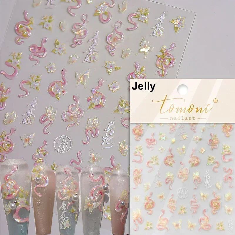 5D Gold Stamped Nail Art Stickers - Silver Sun Stars Snake Chinese Style Self-Adhesive Manicure Decals