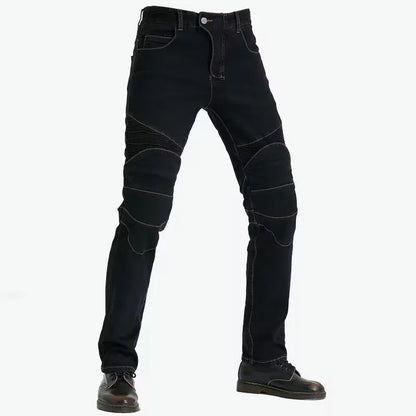 Men's Embroidery Motorcycle Jeans – Protective Gear with Belt, Motocross Pants for Driver License Test & Riding