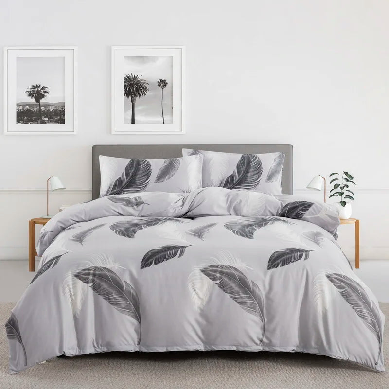 Grey Feather Duvet Cover Set – Full/Queen Boho Bedding with Soft Reversible White Comforter Cover for Kids & Teens