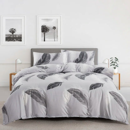 Grey Feather Duvet Cover Set – Full/Queen Boho Bedding with Soft Reversible White Comforter Cover for Kids & Teens