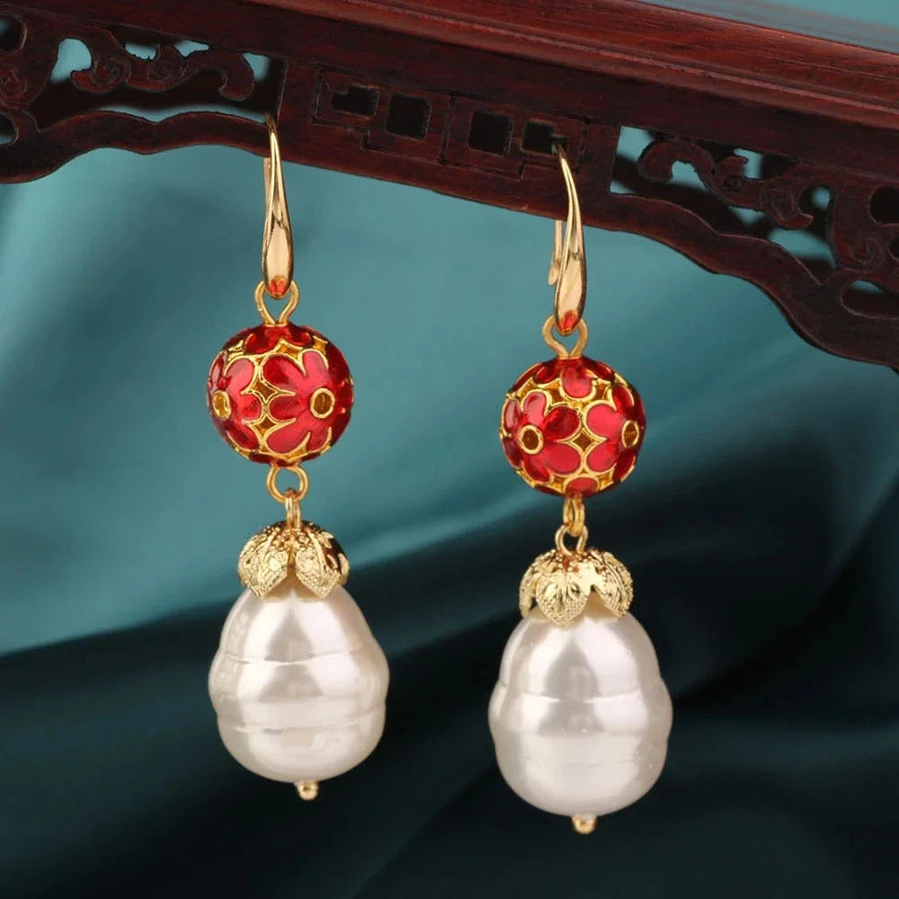 Vintage Flower Drop Earrings - Natural Stone Ethnic Jewelry for Women