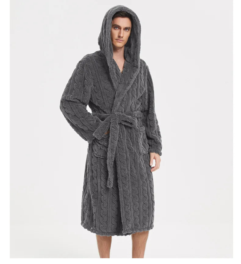 Men’s Fall & Winter Warm Hooded Robe – Thickened Cotton Velvet Jacquard Homewear for Couples