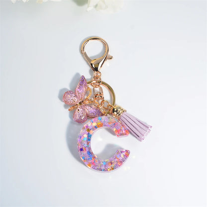 A-Z Sequin Initial Keychain - Dreamy Butterfly Tassel Pendant Bag & Purse Charm for Women