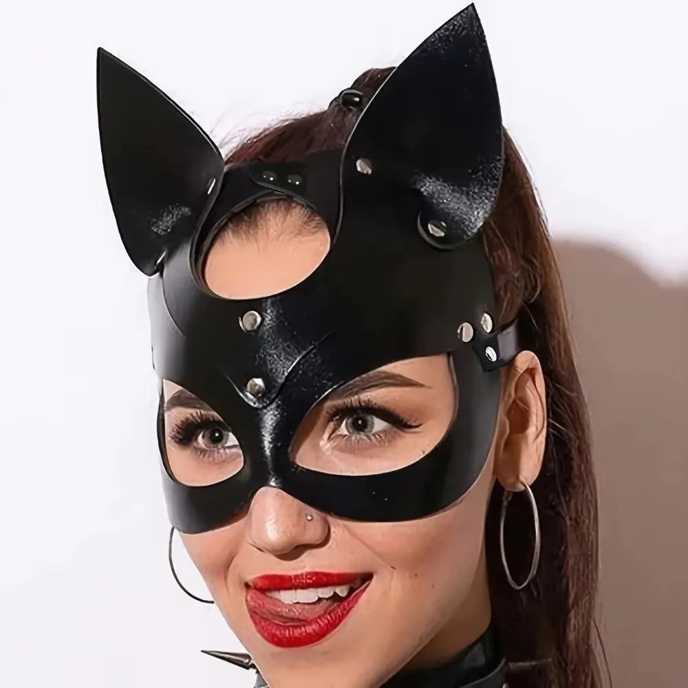 Black Cat Mask - Synthetic Leather Chain Harness Cosplay Masquerade Accessory