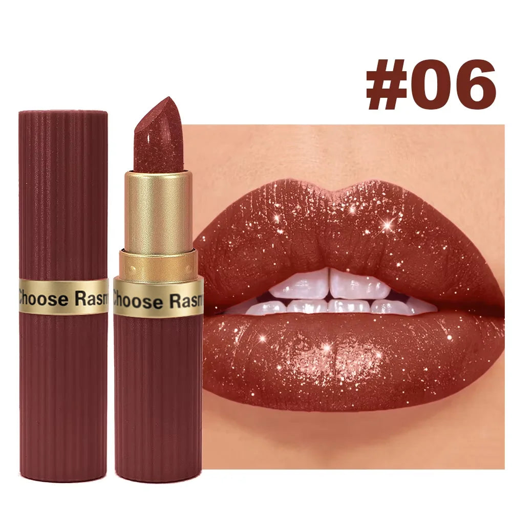 Pearlescent Pink Glitter Lipstick - Waterproof Long-Lasting Matte Metallic Shimmer Makeup