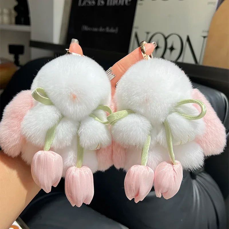 Cute Real Rex Rabbit Fur Keychain – Mini Bunny Pendant Bag Charm & Car Key Ring Plush Toy Gift for Women