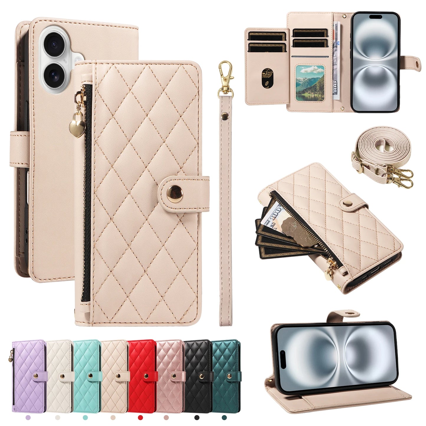 Crossbody Leather Wallet Case for iPhone – Zipper Card Slot Bag with Rhombus Design for iPhone 16/16 Pro Max/15/14/13/12/11/SE 2022