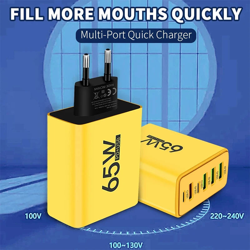 USB Type C 6-Port Wall Charger - PD Fast Charging for iPhone 15/14 Pro Max, Samsung, Xiaomi, Huawei Mobile Phones