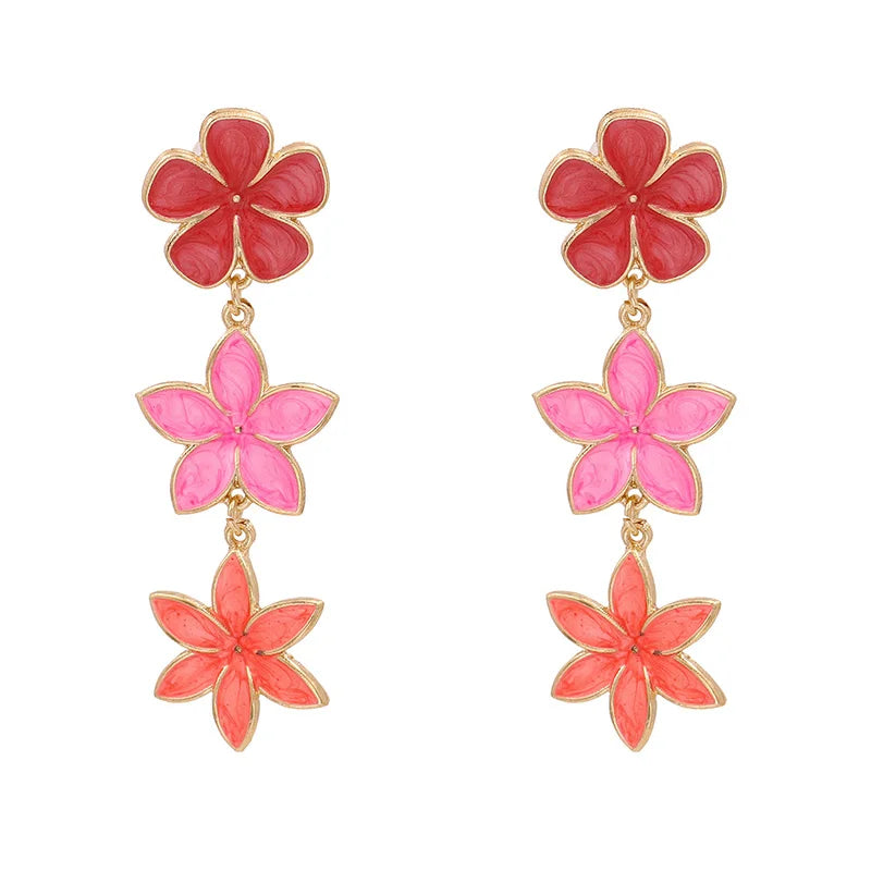 Long Flower Enamel Drop Earrings - Colorful Metal Petal Dangle Party Jewelry for Women