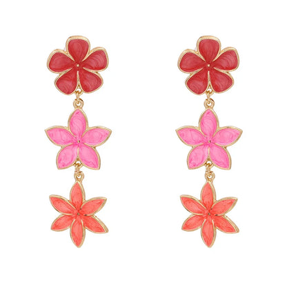 Long Flower Enamel Drop Earrings - Colorful Metal Petal Dangle Party Jewelry for Women