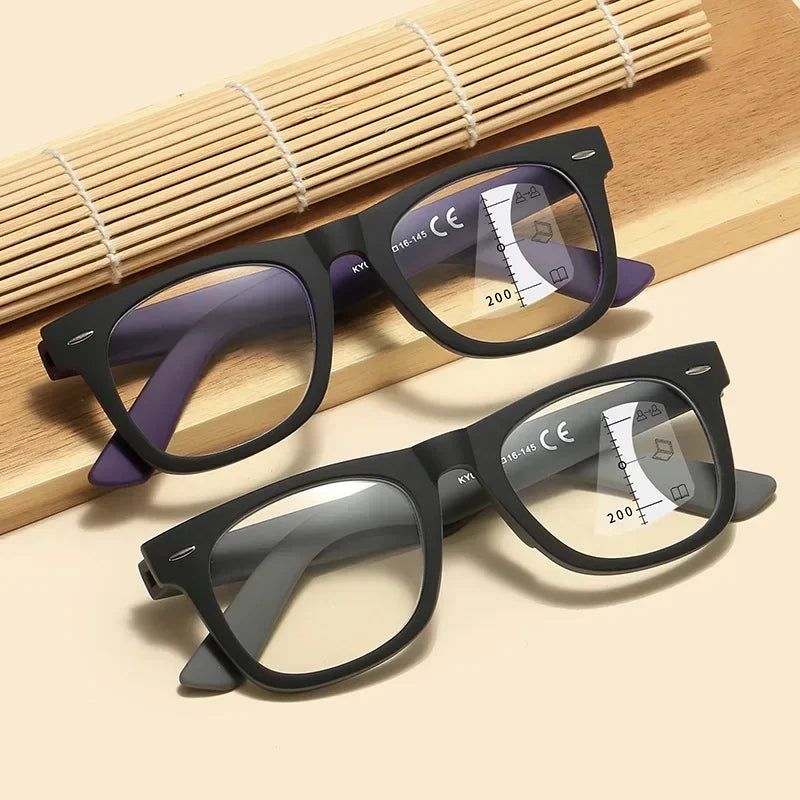 HD Progressive Multifocal Reading Glasses – Vintage Square Anti-Blue Light Eyewear for Men & Women