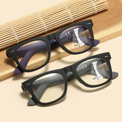 HD Progressive Multifocal Reading Glasses – Vintage Square Anti-Blue Light Eyewear for Men & Women