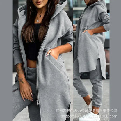 Autumn Winter Women's Hooded Jacket & Trousers Set – Casual Two-Piece Everyday Outfit