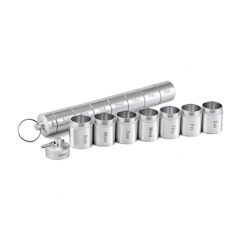 Portable Aluminum Alloy Pill Box Case - Waterproof, 7 Days 7 Grids Organizer for Travel - Ideal for Medicine, Vitamins, and Fish Oils