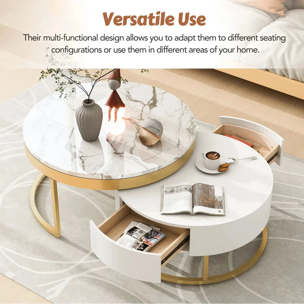 Set of 2 Round Gold Nesting Coffee Tables — Storage Drawer Living Room Furniture