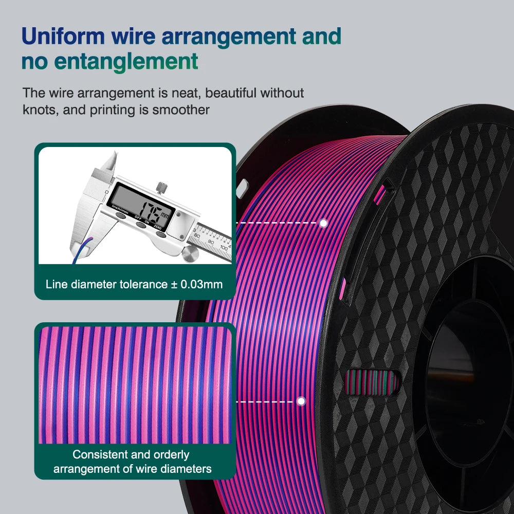 Tri-Color Dual-Color Silk Rainbow PLA Filament 1.75mm – Accurate +/-0.03mm, Compatible with Most FDM 3D Printers