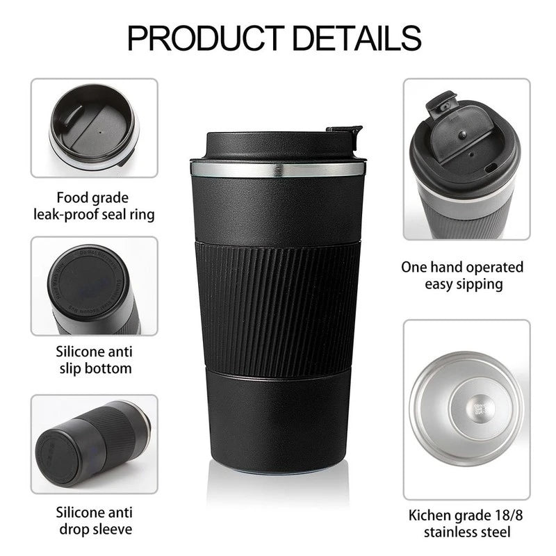 380ml/510ml Stainless Steel Coffee Mug – Thermal Travel Mug, Non-Slip Insulated Bottle for Car & Cafe