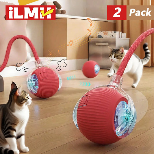 iLMH Smart Cat Interactive Ball Toy - Rechargeable Automatic Rolling Mouse Toy with Faux Tail for Pet Training & Play