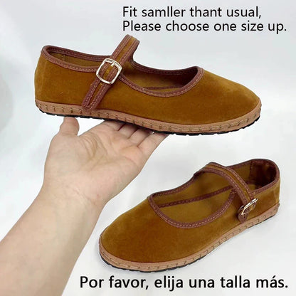 Women's Velvet Mary Jane Shoes – Hand-Stitched Ballet Flats, Casual Streetwear Loafers in Solid Colors