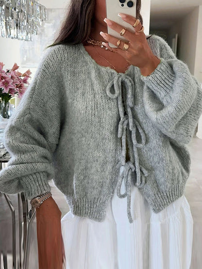 Fashion Knitted Bow Lace-Up Cardigan for Women – Y2K Open Front Sweater, Sweet Lantern Sleeve Oversized Knit Cardigan