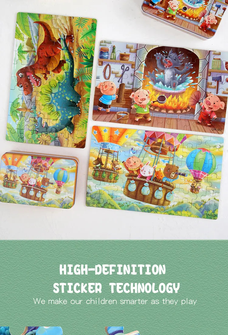 60PCS Cartoon Jigsaw Puzzle with Metal Box – Kids Educational Animal & Vehicle Puzzle Game