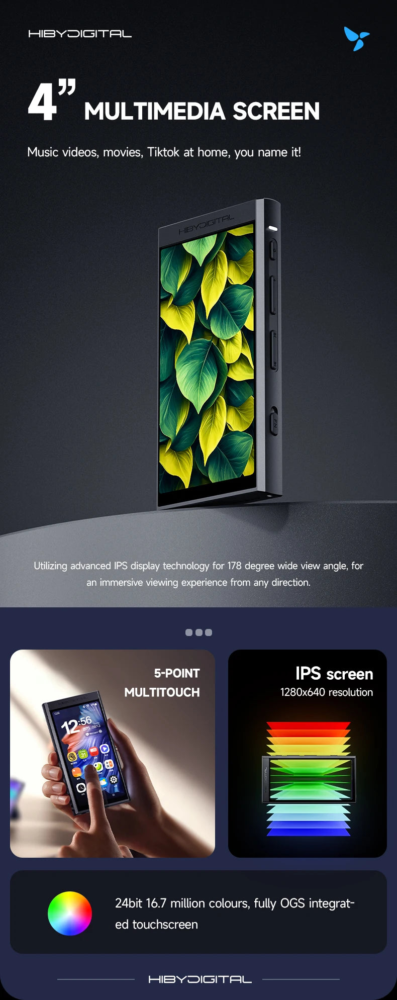 HiBy Digital M300 Android 13 Music Player - MP3, HiFi Audio, Bluetooth, WiFi, USB DAC, DSD, FM Radio, Dual Mic, Built-in Speaker, 29hr Battery