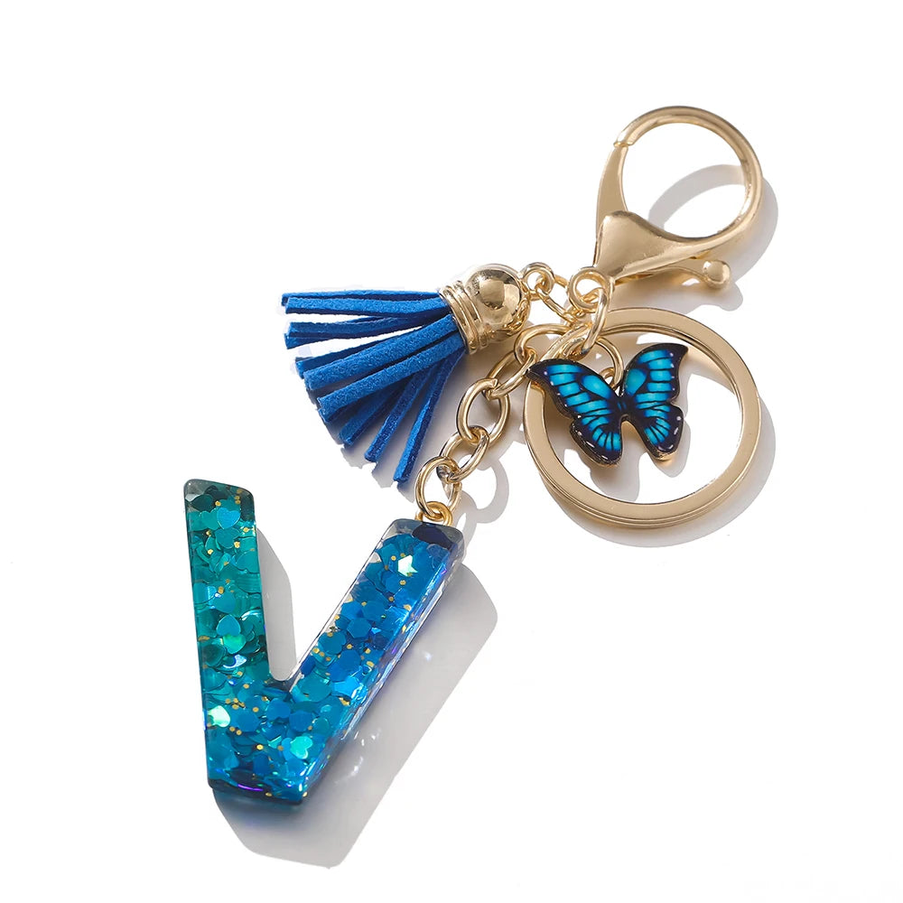 Royal Blue Butterfly Initial Keychain - Alloy Alphabet Letter & Tassel Backpack Charm