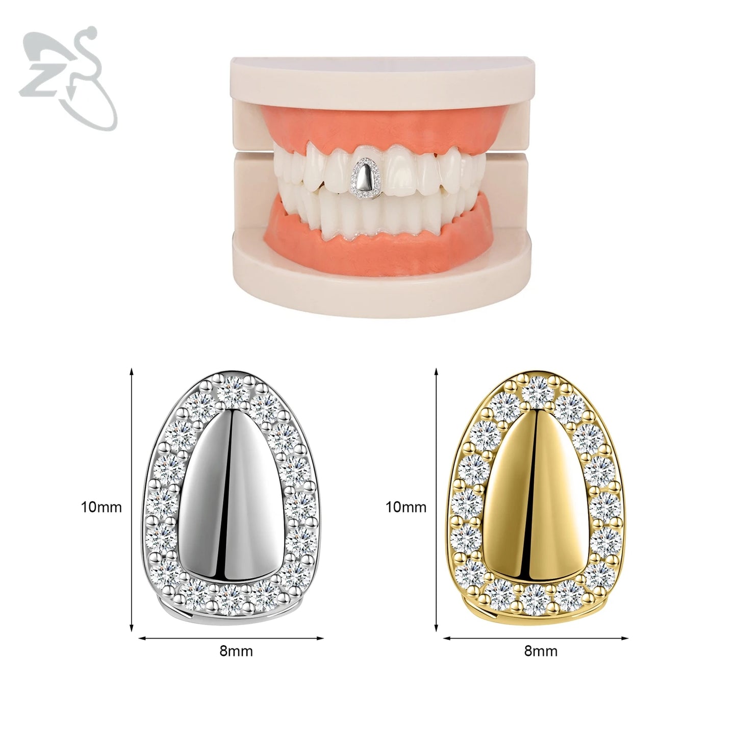 ZS Hip Hop Grillz – Silver/Gold Plated CZ Crystal Cross & Rose Star Tooth Cap, Top & Bottom Set