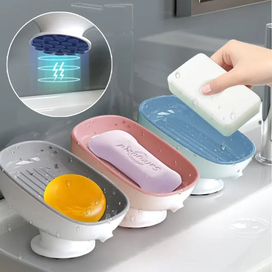 Self-Draining Soap Dish Holder - Suction Cup Bathroom Soap Box with Portable Design for Shower Accessories