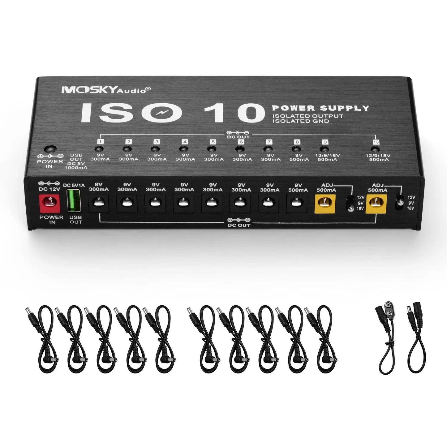 MOSKY ISO 10 Guitar Effect Pedal Power Supply – 10 Isolated DC Outputs, 5V USB Output, 9V 12V 18V Protection for Guitar Accessories