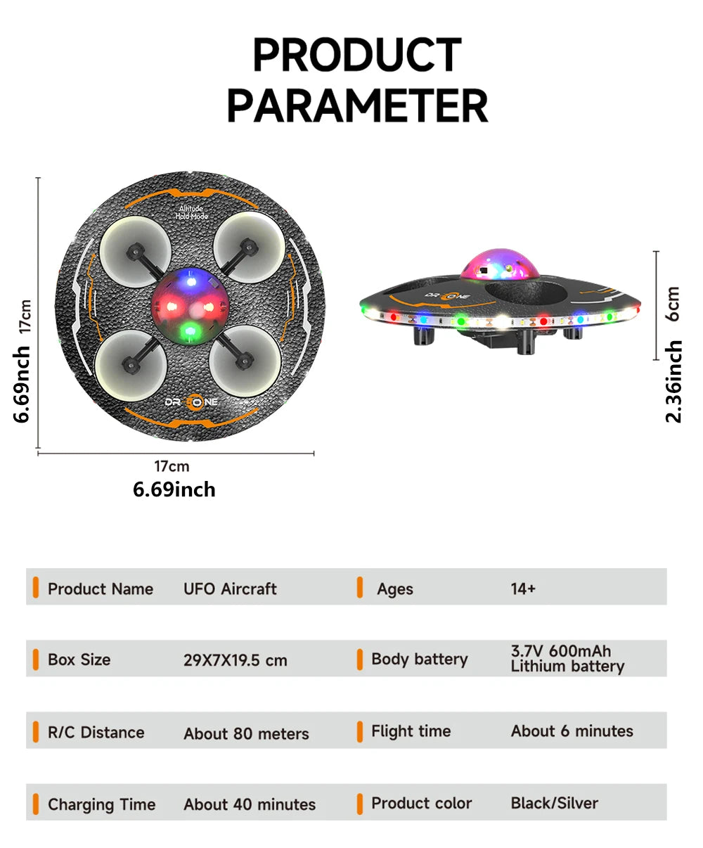 RC UFO Drone for Kids – 4-Axis Flying Saucer with Lights, 3 Batteries, Induction Control & Anti-Fall Foam Design