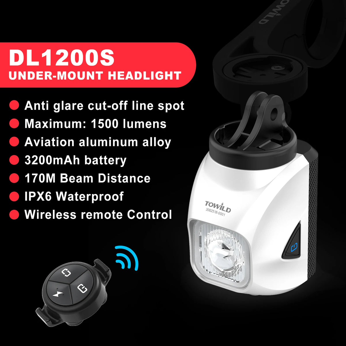 TOWILD DL1200S/DL1700 Bike Light - Rechargeable MTB Front Headlight with Cut-Off Beam, 1900LM Output & Power Bank Function