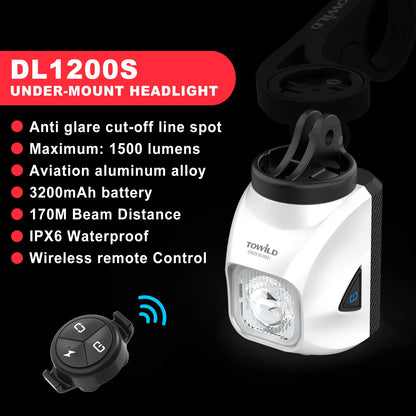 TOWILD DL1200S/DL1700 Bike Light - Rechargeable MTB Front Headlight with Cut-Off Beam, 1900LM Output & Power Bank Function