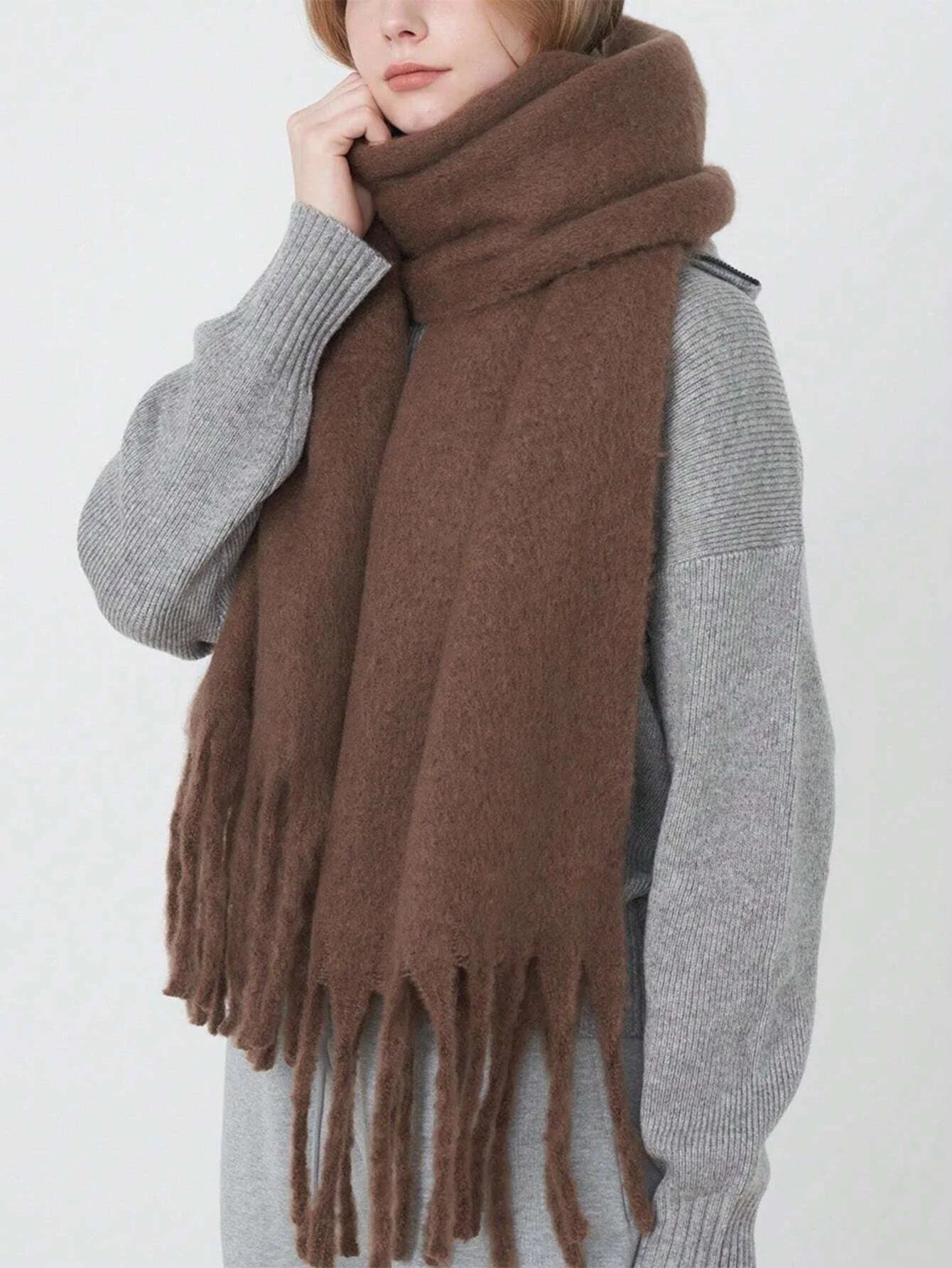 Luxury Cashmere Scarf for Women - Thickened Warm Shawl with Classic Tassels, Soft Solid Color Wrap for Autumn and Winter