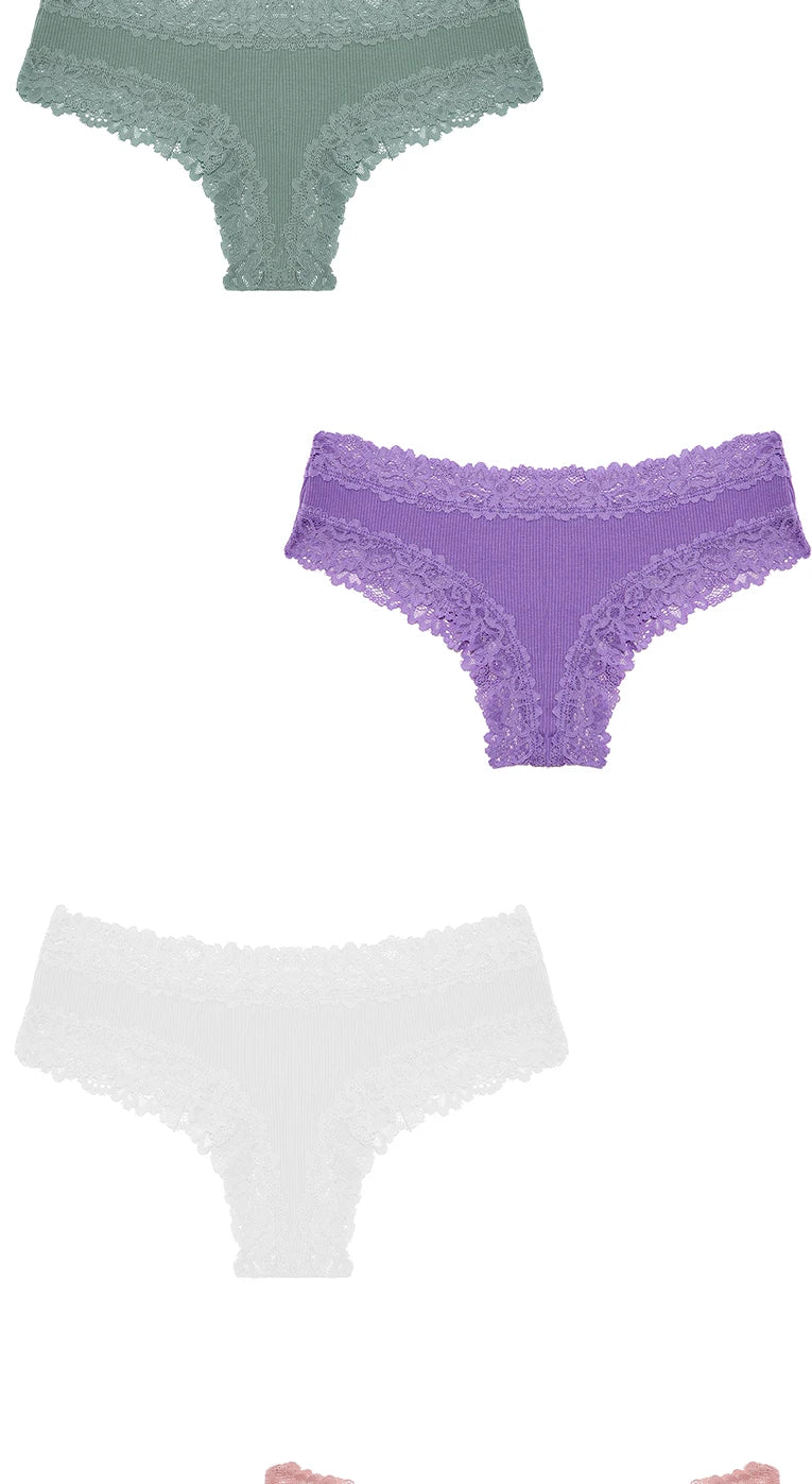 3PCS Lace Seamless Cotton Panties - Ribbed Brazilian Low Waist, Breathable Women’s Underwear, Plus Size Lingerie