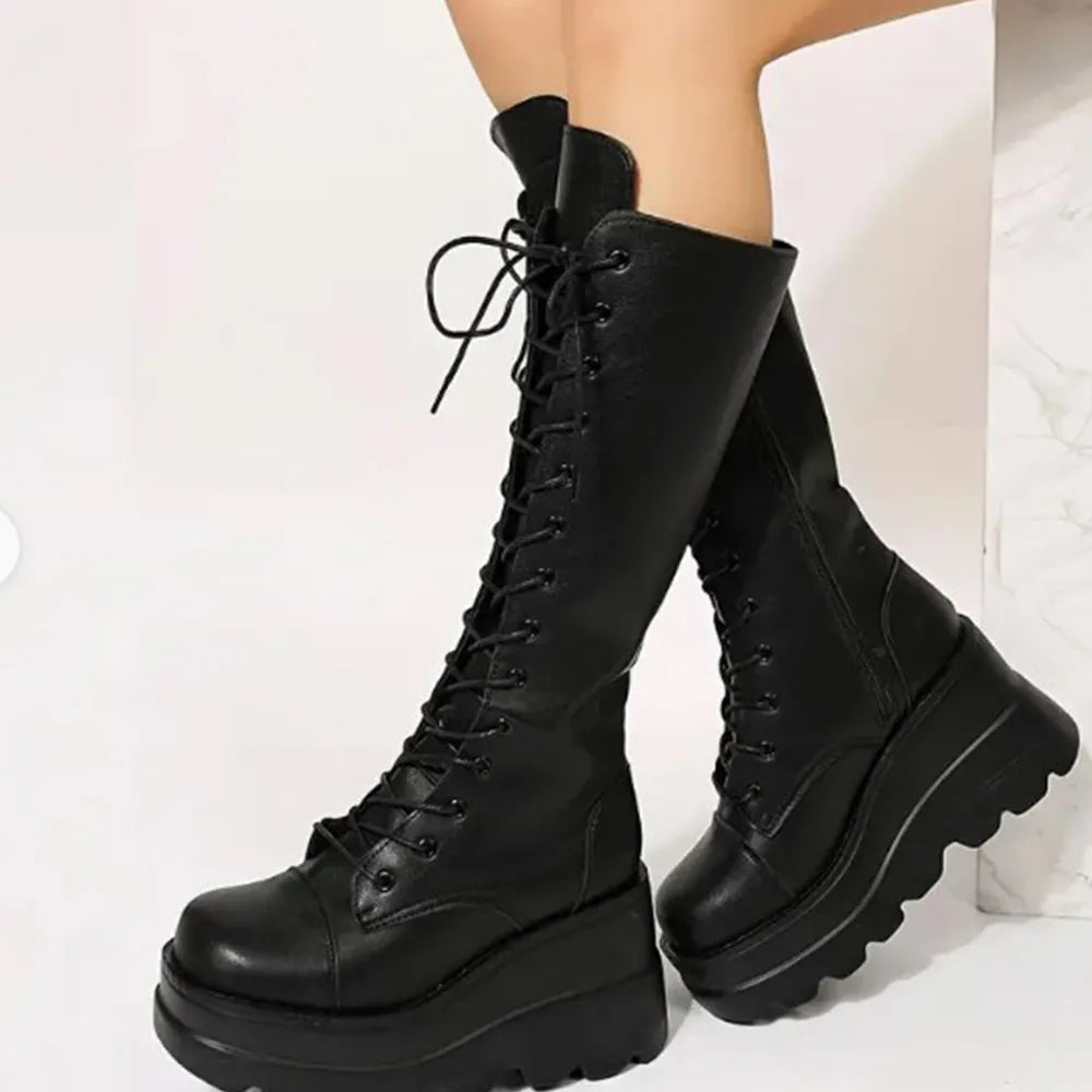 DoraTasia Women’s Black Gothic Mid-Calf Boots – Round Toe, Side Zipper Lace-Up Street & Christmas Party Shoes