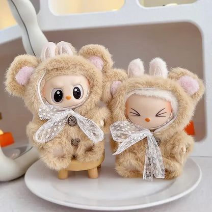 17cm Mini Plush Doll Clothes – Outfit Accessories for Kpop EXO Labubu Idol V1/V2, Cartoon Bear Hat & Bow Clothing Gift