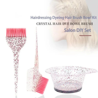 3pcs Hair Coloring Brush Set – Shiny Crystal Mixing Bowl & Easy-Clean Tinting Brushes for Salon & DIY Hairdressing