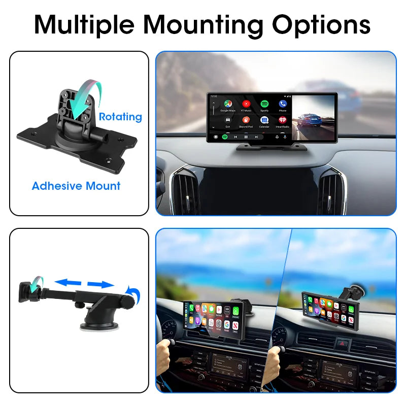 10.26'' 4K Dash Cam Car Mirror Video Player - Wireless CarPlay, Android Auto, GPS, and Rearview Camera Monitor