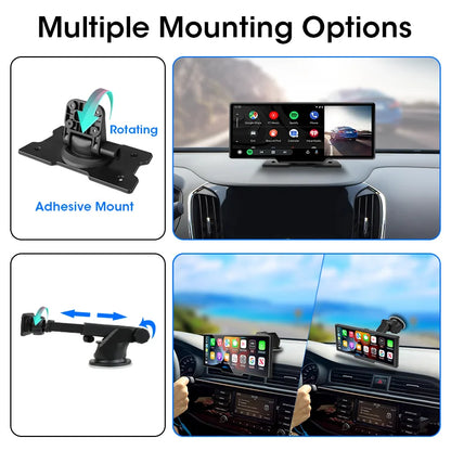 10.26'' 4K Dash Cam Car Mirror Video Player - Wireless CarPlay, Android Auto, GPS, and Rearview Camera Monitor