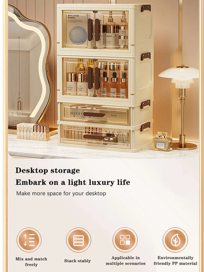 Foldable Transparent Cosmetic Organizer — Multi-Layer Drawer-Style Desktop Beauty Storage Box, Dustproof Makeup Organizer