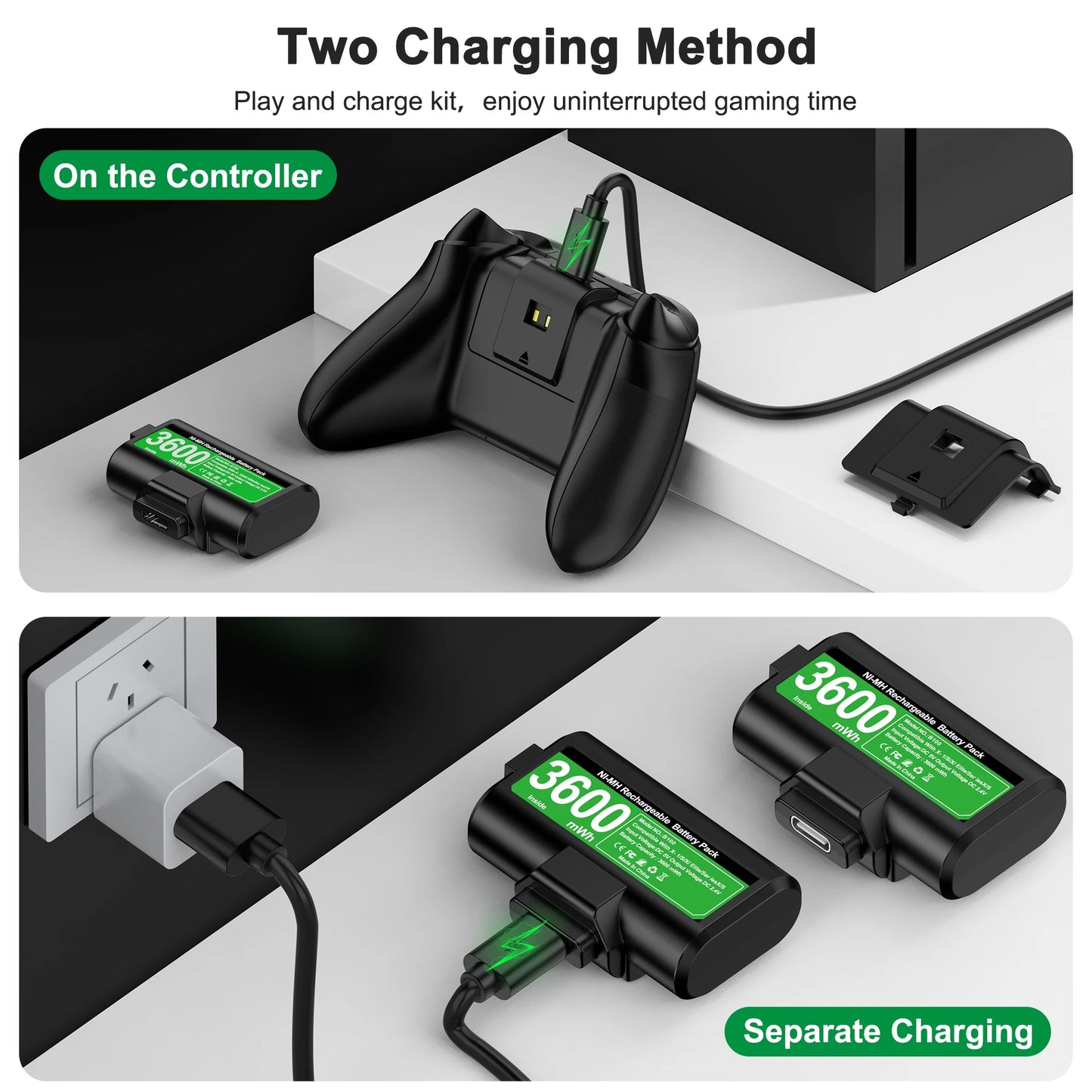 Rechargeable 2×3600mWh Battery Packs for Xbox Series X/S & Xbox One with USB Charging Cable