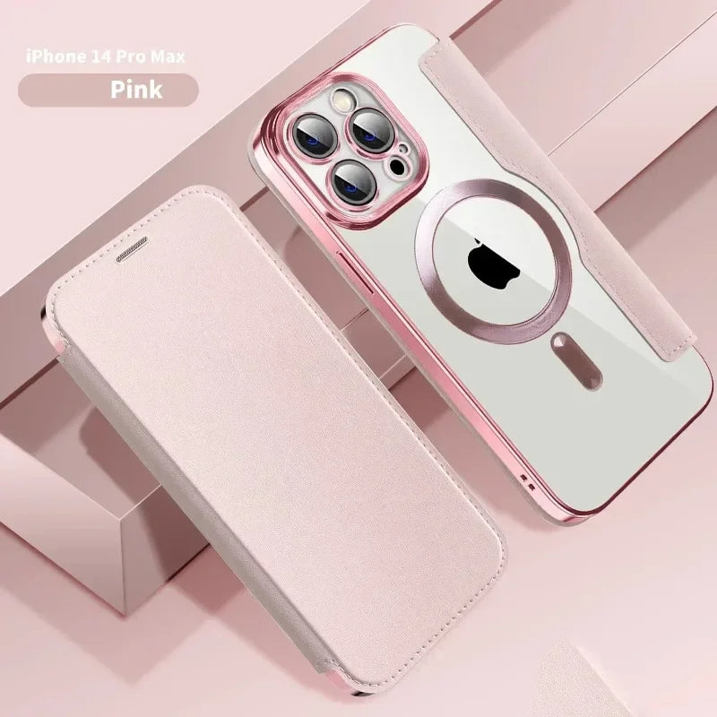 Electroplated Flip Leather Case for iPhone 16, 15, 14, 13, 12 & 11 Plus Pro Max – Luxury MagSafe Wireless Charging Protective Cover