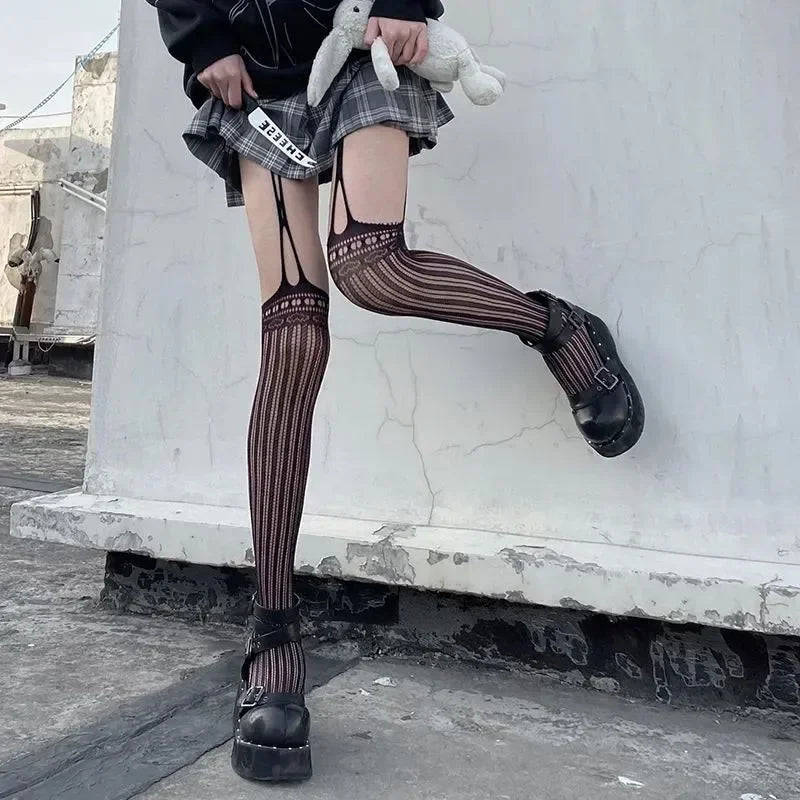 Lolita Gothic Fishnet Stockings - Black Sheer Over Knee Tights for Women
