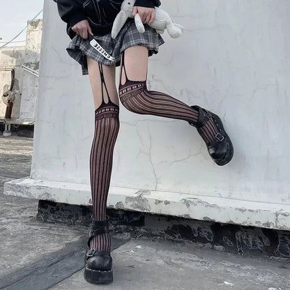 Lolita Gothic Fishnet Stockings - Black Sheer Over Knee Tights for Women