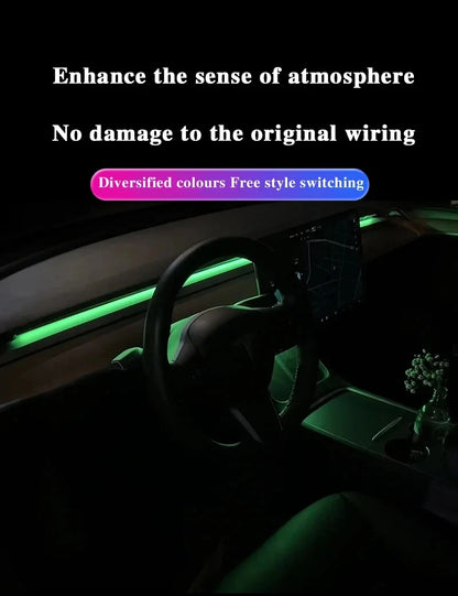 2-in-1 Dynamic Neon RGB Car LED Ambient Lighting – Auto OFF 60s Module for Tesla Model 3 & Y Dashboard Decoration