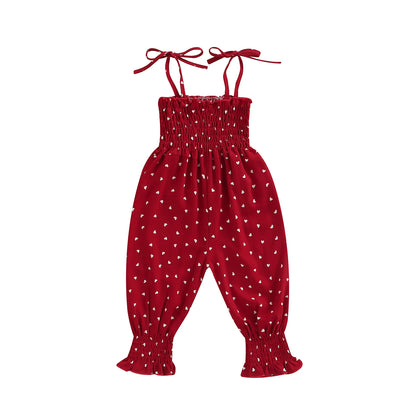 Lioraitiin Toddler Girl Sling Jumpsuit – Heart & Leopard Print Pleated Tie-Up Overalls Romper for Ages 0-4 Years
