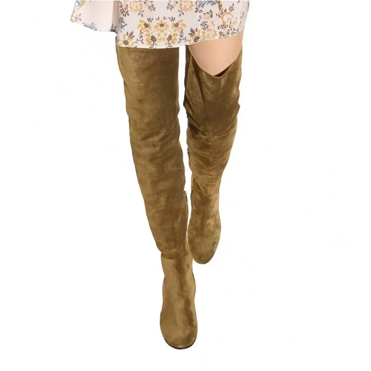 Women’s Over-the-Knee Winter Boots – Round Toe Mid Heel Faux Suede Black Fashion Shoes