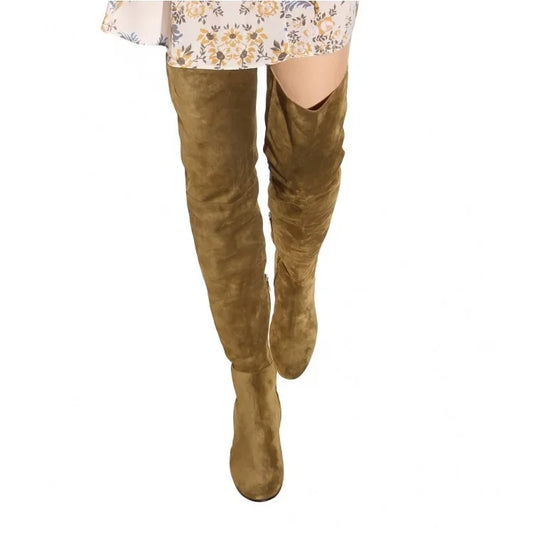 Women’s Over-the-Knee Winter Boots – Round Toe Mid Heel Faux Suede Black Fashion Shoes